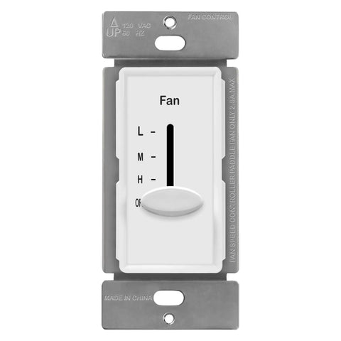 Front view of 3 Speed In Wall Ceiling Fan Control With Slider Switch For Quiet Operation No Fuss Easy Install 120V AC 2.5A Single Pole No Neutral Wire Required White Decorator Style Fan Controller Fits Residential Or Commercial Fans.