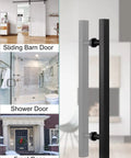 Black 47 Inch Stainless Steel Sliding Barn Door Pull Handle With Install Tools displayed on doors; rust resistant.