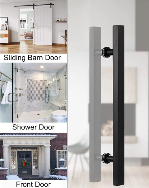 Black 47 Inch Stainless Steel Sliding Barn Door Pull Handle With Install Tools displayed on doors; rust resistant.