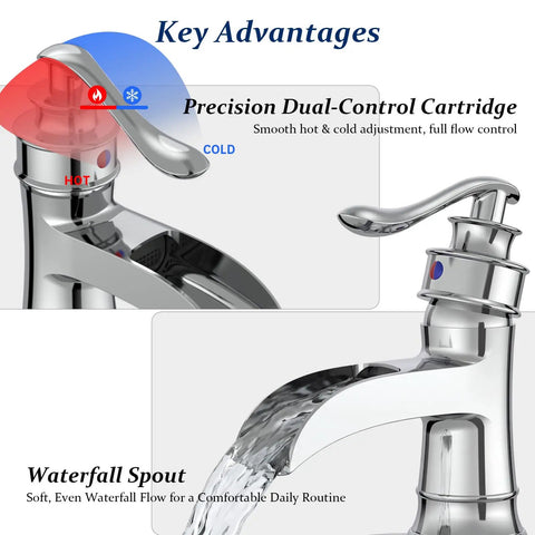 Chrome Waterfall Bathroom Faucet With Single Handle, One Hole Sink Setup, featuring dual-control cartridge with waterfall spout.