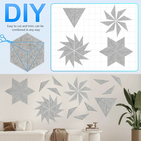 DIY installation of Hexagon Acoustic Panels Dead Ass Soundproof Foam Wall Tiles on a living room wall, grey shapes for sound control.