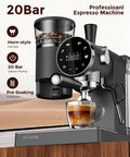 Badass 20 Bar Espresso Machine With Led Touch Control And Adjustable Burr Grinder For Pro Extraction showing espresso extraction in clear cup.