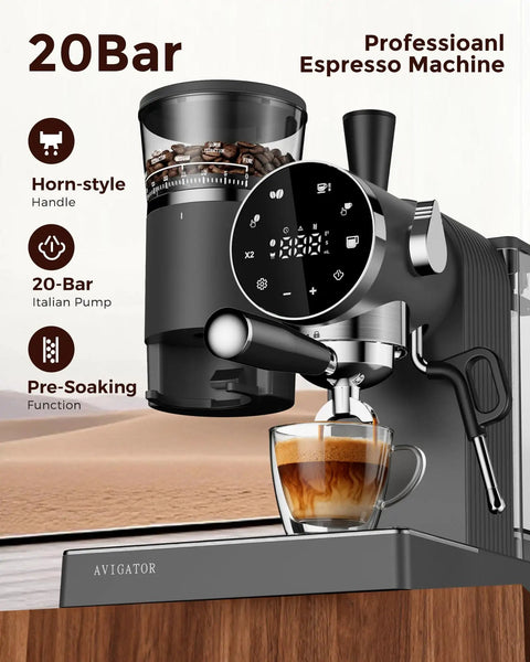 Badass 20 Bar Espresso Machine With Led Touch Control And Adjustable Burr Grinder For Pro Extraction showing espresso extraction in clear cup.