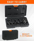Five Piece HSS Spiral Step Drill Bit Set With Four Flutes And Nitride Coating For Heavy Duty Holes From One Eighth To One And Three Eighths Inch Including One Quarter Inch And Three Eighths Inch Shanks For Stainless Steel Copper Aluminum Wood And Plastic in black case.