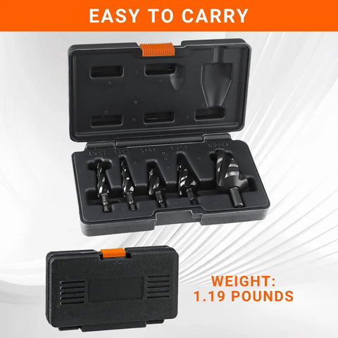 Five Piece HSS Spiral Step Drill Bit Set With Four Flutes And Nitride Coating For Heavy Duty Holes From One Eighth To One And Three Eighths Inch Including One Quarter Inch And Three Eighths Inch Shanks For Stainless Steel Copper Aluminum Wood And Plastic in black case.