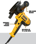 Rotary Sander With Variable Speed 0-3700 OPM 6 Amp Beefy Motor 5 Inch Sanding Pad Dust Shroud Vacuum Ready For Fine Finish And Detail Work At Home Renovations with mid-handle design and trigger.