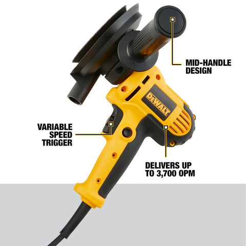 Rotary Sander With Variable Speed 0-3700 OPM 6 Amp Beefy Motor 5 Inch Sanding Pad Dust Shroud Vacuum Ready For Fine Finish And Detail Work At Home Renovations with mid-handle design and trigger.