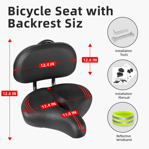 Oversized Bike Seat With Backrest For Peloton And Universal Bicycle Compatibility, Super Wide Padded Saddle, size and tools shown