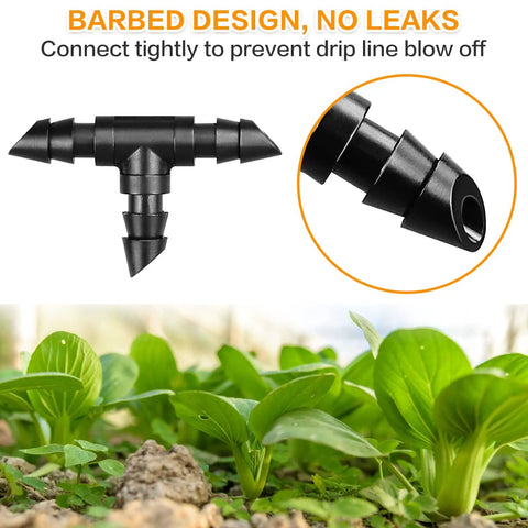 Barbed Drip Irrigation Tee Fittings Kit for Quarter Inch Tubing, 100 Pieces, showing detail of sharp end T connector