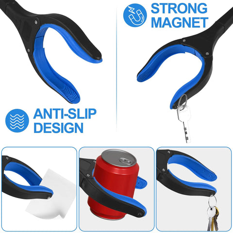 Close-up of 6 Pack 32 Inch Heavy Duty Trash Grabber Reacher with ergonomic handle and non-slip grip showcasing anti-slip design and magnet