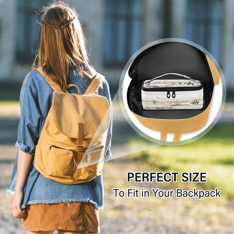 Grab And Go Desert Cowboys Insulated Lunch Bag With Leakproof Cooler shown inside backpack with person outdoors