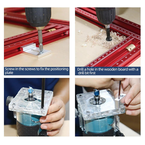 Adjustable Aluminum Router Template Rail Guide With Dual Scale Measurements For Clean Straight And Curved Woodworking Cuts being used to screw and drill.
