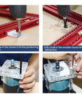 Adjustable Router Rail Guide Track For Boss Level Woodworking Jigs Heavy Duty Aluminum Extrusion shown in use with positioning plate and drill.