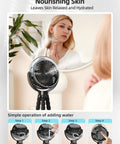 Woman using Cooling Misting Stroller Fan With 6000mAh Battery, Portable Personal Fan With Light, 360 Degree Pivot and Flexible Tripod