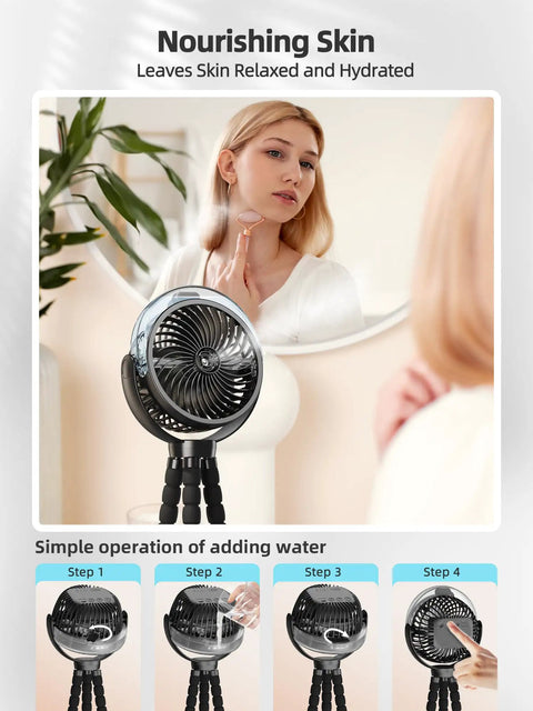 Woman using Cooling Misting Stroller Fan With 6000mAh Battery, Portable Personal Fan With Light, 360 Degree Pivot and Flexible Tripod
