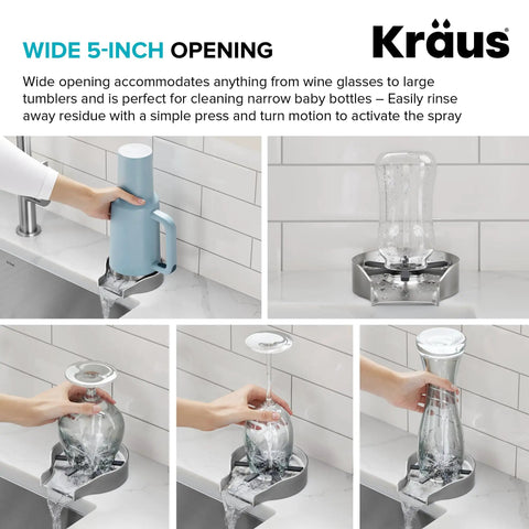 Skip The Scrub Stainless Steel Glass Rinser For Kitchen Sink Attachment features wide 5-inch opening for rinsing tall tumblers and bottles.