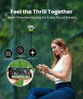 Woman using Chameleon AI Auto Sports Action Camera, 4K 60FPS Real Time Player Tracking for Soccer and Basketball, in outdoor setting.
