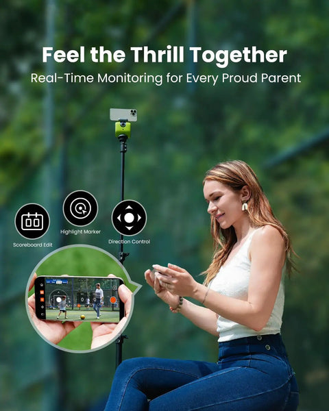 Woman using Chameleon AI Auto Sports Action Camera, 4K 60FPS Real Time Player Tracking for Soccer and Basketball, in outdoor setting.