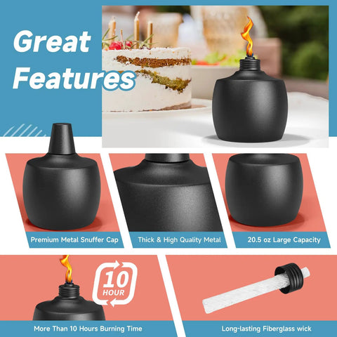 Citronella Tabletop Torches Six Pack For Outdoor Vibes, 21.5 Oz Metal Oil Burners With Fiberglass Wick displayed in parts