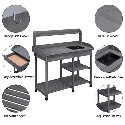 Outdoor Potting Bench Table All In One Garden Workstation With Drawer Adjustable Shelf Removable Sink Hooks And Pads For Horticulture In A Durable Fir Wood Build And Weather Resistant Gray Finish