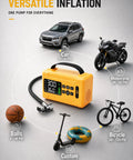 Heavy Duty Cordless Tire Inflator With 160 Psi Automatic Shutoff Digital Gauge And Bright Led Lamp For Trucks And Gear No Sweat 8000 Mah Portable Air Pump displayed with various items including a car, motorcycle, and bicycle.