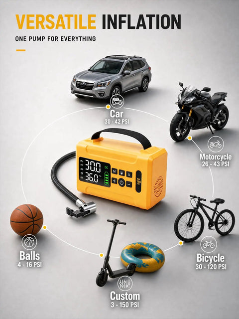 Heavy Duty Cordless Tire Inflator With 160 Psi Automatic Shutoff Digital Gauge And Bright Led Lamp For Trucks And Gear No Sweat 8000 Mah Portable Air Pump displayed with various items including a car, motorcycle, and bicycle.