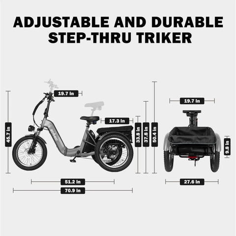 Fat Tire Folding Three Wheel Electric Trike Ebike With 1200W Peak Brushless Motor And Removable 748Wh Battery For Adults Up To 70 Miles Step Through Design folded size diagram