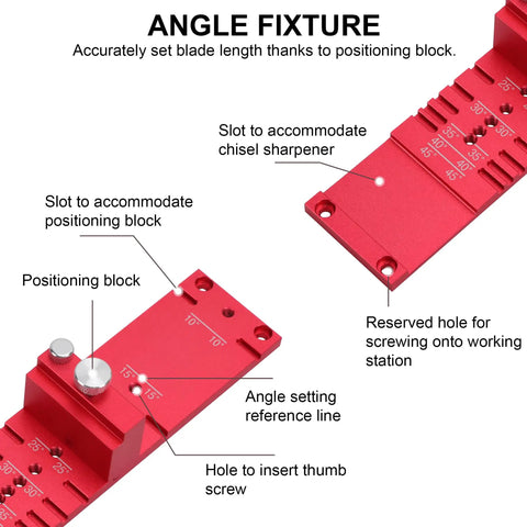 Professional Chisel Sharpening Jig With 400 And 1000 Grit Diamond Stones Precision Angle Fixture showing slots for positioning block and chisel sharpener.