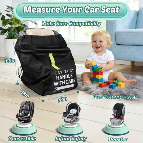 Flight Ready Car Seat Travel Bag Fits All Car Seats Infant Carriers And Booster Seats Durable Car Seat Cover For Doona Graco Evenflo And More Must Have Travel Essential For Flying With Kids shown with child playing.