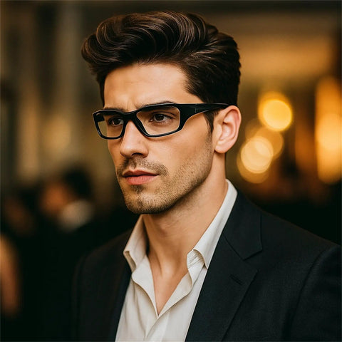 Man wearing Multifocal Reading Glasses With Photochromic Lenses For Indoor Reading And Outdoor Use Adjustable Frame Presbyopic Magnifying Eyewear Black 1.75 Power Not Sunglasses Gray Tint Outdoors Pro Grade indoors.