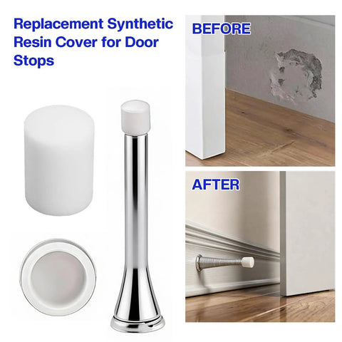 Thirty Pack Plastic Rubber Door Stopper Replacement Tips Universal Size White Door Stop Guards For Wall Protection At Home And Office Durable Caps To Prevent Scratches And Dings showing before and after wall protection.