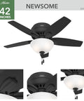 42 Inch Indoor Ceiling Fan With LED Light Matte Black Low Profile Flush Mount 5 Blades Pull Chain Operation For Bedroom Or Living Room No Remote Energy Efficient Lighting