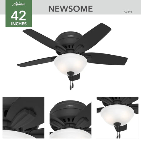 42 Inch Indoor Ceiling Fan With LED Light Matte Black Low Profile Flush Mount 5 Blades Pull Chain Operation For Bedroom Or Living Room No Remote Energy Efficient Lighting