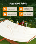 Wood Arc Hammock Stand With Double Hammock For Outdoor Use Natural Wooden Frame Supports Up To 330 Lbs 14 Feet Long Heavy Duty Chains And Carabiners Included Chill All Weather Lounging, showcasing upgraded fabric features of high durability and hand feel, absorbent, refreshing, and easy to clean.