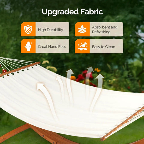 Wood Arc Hammock Stand With Double Hammock For Outdoor Use Natural Wooden Frame Supports Up To 330 Lbs 14 Feet Long Heavy Duty Chains And Carabiners Included Chill All Weather Lounging, showcasing upgraded fabric features of high durability and hand feel, absorbent, refreshing, and easy to clean.