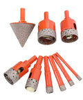 Awesome Versatile Eight Piece Hole Saw Kit For Tile And Granite With Chamfering Drill Bit Perfect For Ceramic Marble Glass Masonry Bricks Plus Precise Big 50 Millimeter Hole Opener Tool Set, orange diamond bits