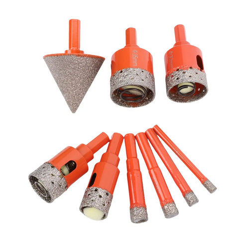 Awesome Versatile Eight Piece Hole Saw Kit For Tile And Granite With Chamfering Drill Bit Perfect For Ceramic Marble Glass Masonry Bricks Plus Precise Big 50 Millimeter Hole Opener Tool Set, orange diamond bits