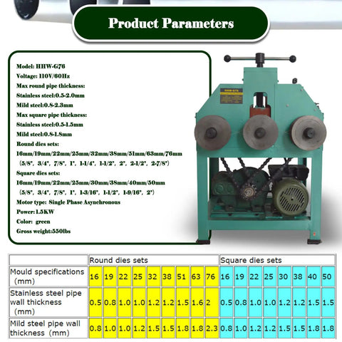 No Fuss Heavy Duty Electric Pipe Bender With 17 Swap Out Cold Roll Dies For Dead Simple Stainless Steel And Square Tube Shaping Machine Without Heat Or Sand Mess showing product parameters and specifications.