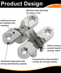 Close-up of 4 Pack Hidden Hinges, 1.77 Inch Stainless Steel Cross Invisible Swing Hinges, highlighting key design features.