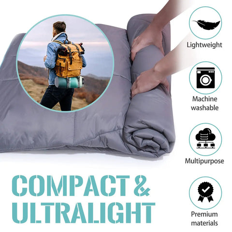 Outdoor Puffy Camping Blanket With Lightweight Down Alternative Fill quilted and rolled, highlighting compactness.
