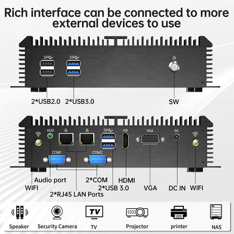 Rugged Fanless Industrial Mini Pc Desktop With Intel Core I5 4200U, 8Gb Ram, 128Gb Ssd, And Windows 10 Pro rear view showing ports and connectivity.