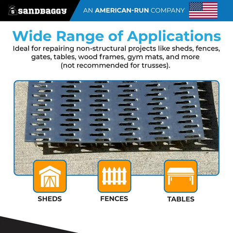 Rock Solid Four By Six Inch Steel Mending Plates For Wood Framing 19 Gauge Heavy Duty Steel Hot Dipped Galvanized Finish Tough As Nails For Pressure Treated Lumber Diy Structural Reinforcement And Construction Jobs Pack Of Two Hundred - Steel mending plates shown for shed and fence repairs.