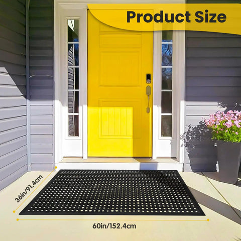 Heavy Duty Rubber Floor Mat With Drainage Holes For Garage Kitchen Restaurant And Outdoor Bar Use 36 By 60 Inches Non Slip Puddle Proof Durable Black Tough As Nails shown at front door