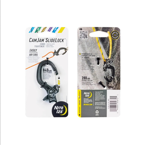 CamJam SlideLock Bungee Cord Tightener packaging showing 840 lb break strength and 280 lb working load on front and back view