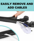 Close-up of hand demonstrating 2 Pack 5 Foot Cable Sleeve For Desk Cord Management And Wire Hider Tubing with cables inside