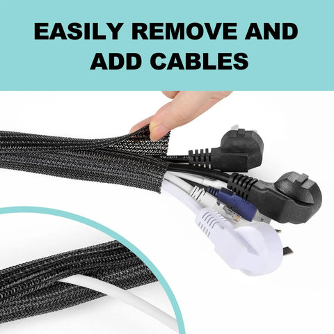 Close-up of hand demonstrating 2 Pack 5 Foot Cable Sleeve For Desk Cord Management And Wire Hider Tubing with cables inside