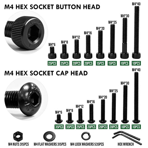 1260 Piece M4 Screws Kit With Hex Socket Button Head And Cap Head Bolts 6 To 40mm 12 9 Grade Carbon Steel Black Oxide Metric Fasteners Packed With Nuts Flat Washers Lock Washers And Two Hex Wrenches, M4 bolts display
