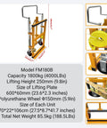 1800 Kg Hydraulic Machinery Mover And Furniture Dolly For No Sweat Heavy Duty Equipment Transport With Adjustable Forks And Foam Pads, 2 Piece Cabinet Mover For Safes And Cupboards, Smooth Warehouse Moving, yellow steel frame with polyurethane wheels