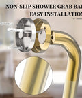 Close-up of Straight Up Heavy Duty Brushed Gold Grab Bar 32 Inch Shower Safety Handrail with knurled grip and installation detail.