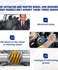 Image showing three issues with outdated wheel hub bearing: abnormal noise, steering wheel vibration, and grease leakage.